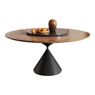 帕沙曼岩板餐桌家用小户型中古风全托底板实木边圆形带转盘吃饭桌