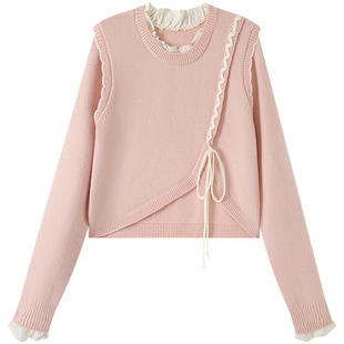 慕兔甜美粉色系带毛衣罩衫女2025秋季新款软糯不规则长袖针织上衣