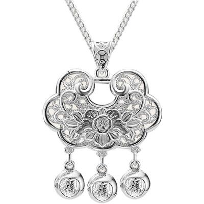 S990银锁项链花丝牡丹锁吊坠项链