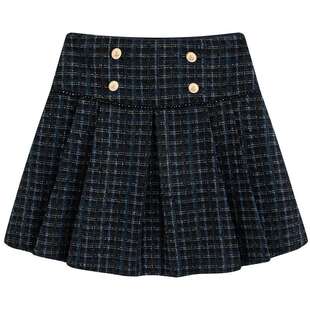 FEXATA斐格思2025冬新品气质减龄学院风蓝格子显瘦百褶半身裙短裙