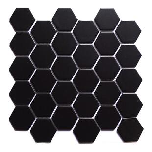北欧厨房浴室卫生间黑色全瓷防滑哑亮光正六角纯色釉面马赛克瓷砖