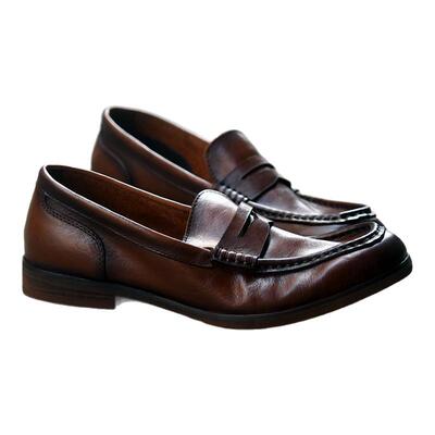 手工水洗擦色中古方圆头乐福鞋软