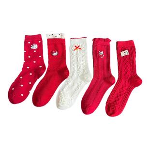 小猫红袜子女秋冬季纯棉中筒袜卡通可爱马年新年袜喜庆本命年长袜