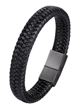 欧美风男士黑色真皮百搭宽手链