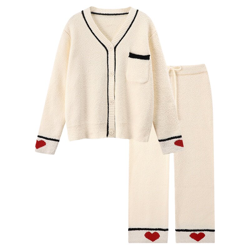 HEARMES 睡衣女士秋冬季小香风爱心珊瑚绒家居服加厚加绒冬天套装