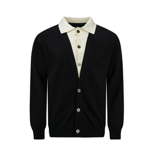 老钱风男装休闲假两件开衫针织衫男秋冬款商务通勤翻领毛衣外套男