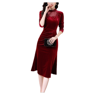 红色金丝绒连衣裙女长袖2025春秋新款大码网纱钉珠收腰包臀鱼尾裙