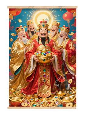 五路财神爷新中式玄关装饰画
