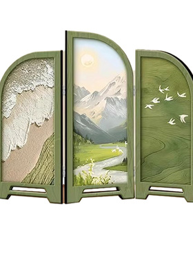 中古风仿古桌面摆件客厅创意小屏风装饰画花鸟山水玄关柜电视柜画