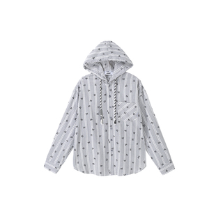 PCMY满印宽松休闲抽绳带帽衬衫外套2026春季韩版潮牌长袖条纹上衣