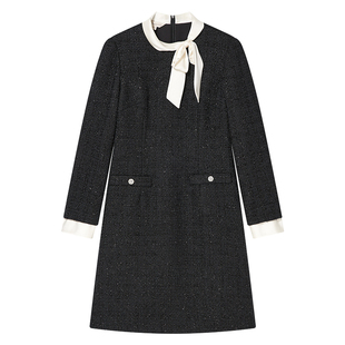 Goodland美地女装2024年冬季新款优雅蝴蝶结千金小香风连衣裙短款