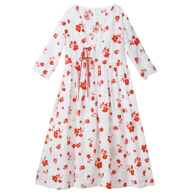 绣花复古连衣裙女苎麻长裙高级感