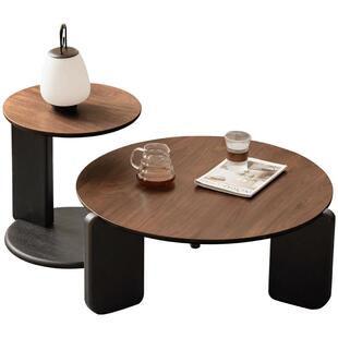 源氏木语实木茶几意式轻奢沙发边几客厅黑胡桃木圆几家用茶几组合