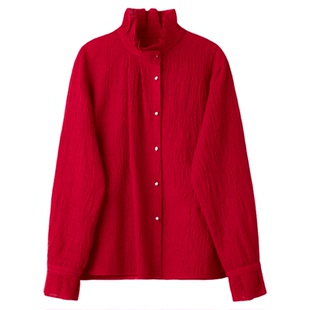 宫小妍【红也】新中式国风花边领珍珠羊毛长袖上衣5121702