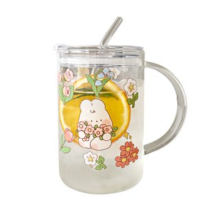 1000ml大容量玻璃杯高颜值卡通喝水杯子带盖子吸管杯耐高温果汁杯