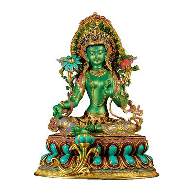 藏式7寸彩绘绿度母铜器雕像摆件