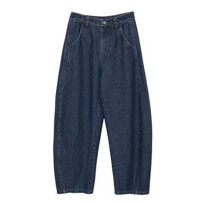 MOVEUP幻走2024春秋松紧腰撞色宽松显瘦绣花直筒裤子弯刀牛仔裤女