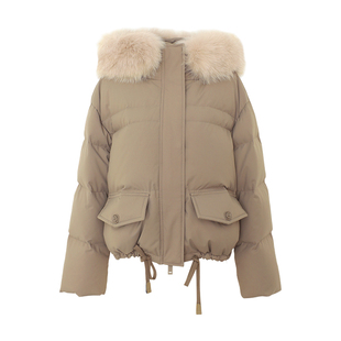 DPLAY【90白鸭绒】2025年冬季新卡其色羽绒服女抽绳外套上衣