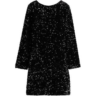 HM女装连衣裙春季长袖亮片低露背一字领H版型短裙1245452