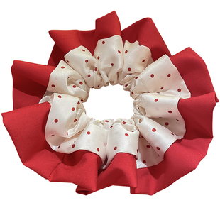 高端红色拼接波点大肠发圈大号双层扎丸子头花发绳低马尾皮筋发饰