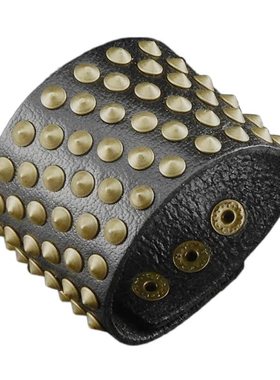 黑色牛皮星星铜色铆钉朋克宽手环