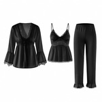 赵露思同款真丝睡衣女法式轻奢带胸垫三件套桑蚕丝性感高级蕾丝边