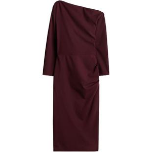 HM女装红色连衣裙冬季气质垂褶单肩连衣裙1253897