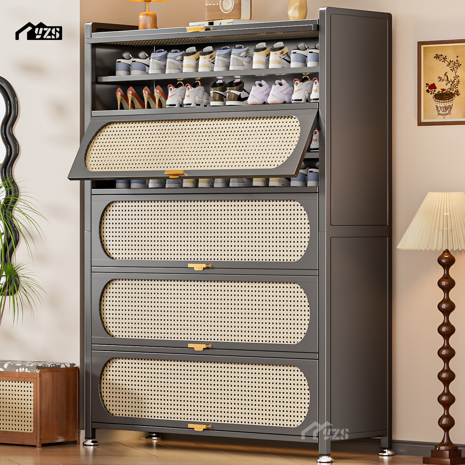 藤编鞋柜家用门口入户玄关柜大容量收纳储物柜一体靠墙鞋架子门外