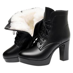 真皮马丁靴女冬加绒靴子小个子超高跟短靴羊毛加厚棉鞋中年妈妈鞋