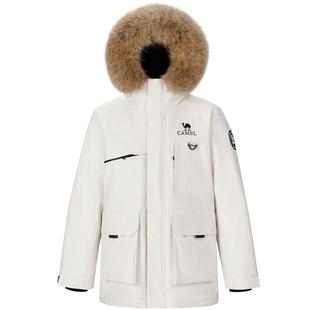 骆驼男装派克鹅绒服男冬季2025新款毛领工装加厚中长款羽绒外套男