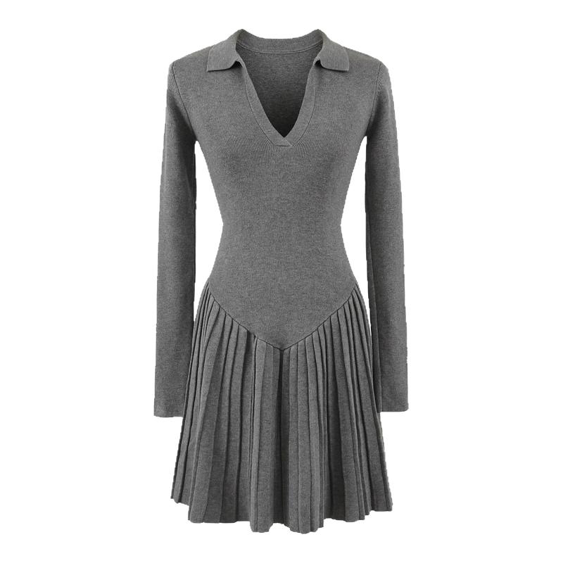 怪力酱 小香风百褶针织连衣裙女秋冬miu系修身收腰长袖内搭毛衣裙