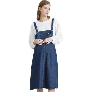 费雪孕妇装秋装2025新款连衣裙长袖上衣春秋牛仔背带裙子大码套装