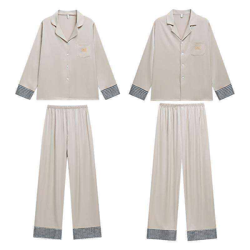 乐姿梦情侣睡衣女春秋冰丝长袖夏季仿真丝绸家居服男士可外穿套装