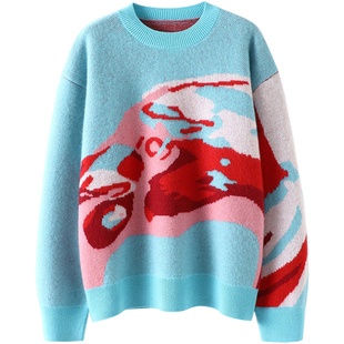 时尚登场!图腾提花四平针重磅加厚羊绒衫女圆领纯羊绒毛衣宽松冬