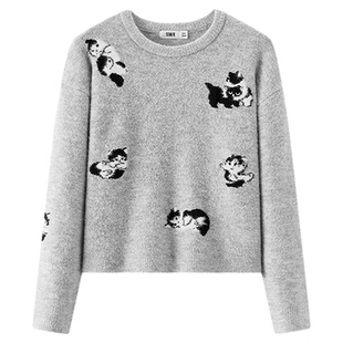 商场同款|森马毛衣女冬季猫咪提花落肩2025新款小个子趣味套头衫