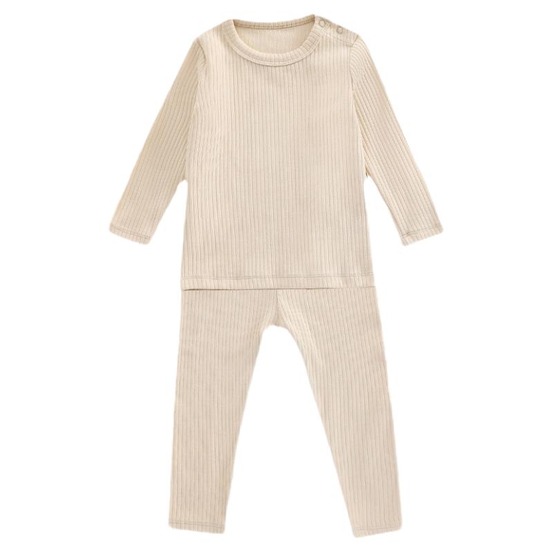 婴儿衣服打底睡衣纯色女宝宝婴装纯棉坑条护肚家居服分体秋衣套装