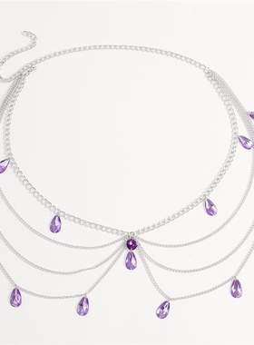 新疆包邮欧美紫色4575waistchain珍珠腰饰波浪流苏摆炼腰炼环保铝