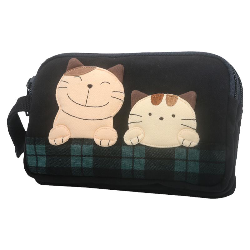 Kine猫棉布可爱女三层拉链手机包