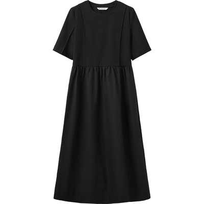 【播奥莱】播圆领棉麻短袖连衣裙女25夏季黑色收腰长裙DDS2LD5023