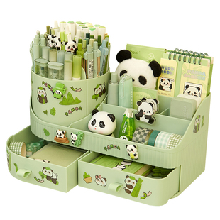 小槑同学 绿色熊猫笔筒收纳盒小学生桌面高颜值超大容量男孩女孩旋转笔桶创意多功能儿童笔盒书桌整理盒女生