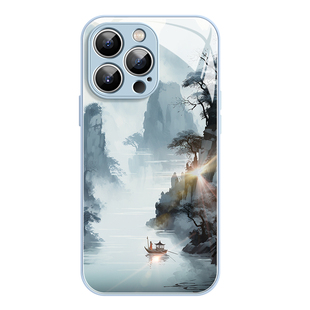 山水画适用苹果15手机壳iphone14promax防摔13玻璃12高级感11全包镜头保护套plus硅胶14pro新款女xr小众x男pm