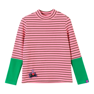 女童打底衫长袖条纹2025新款儿童半高领T恤女孩磨毛内搭上衣童装