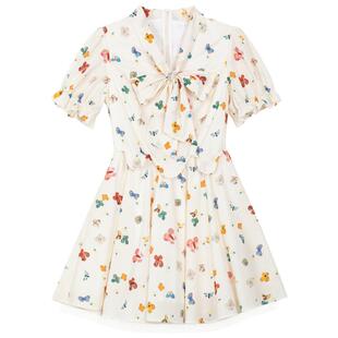 KEIKO 彩绘蝴蝶小碎花连衣裙26春夏法式系带领显瘦泡泡袖伞裙短裙