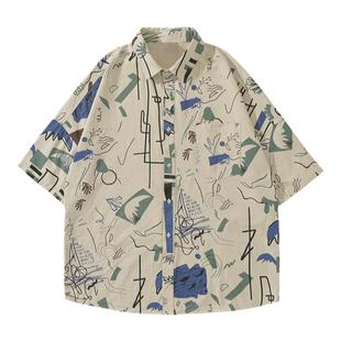 GOGOSOON短袖衬衫男2025新款夏季花日系涂鸦纯棉夏威夷沙滩海岛风
