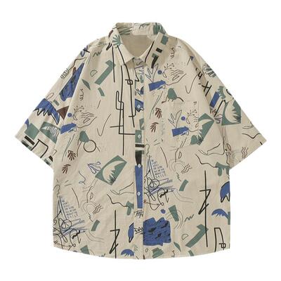 【100%棉】男装涂鸦满印短袖衬衫夏季日系Cityboy宽松落肩度假潮