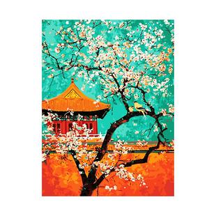 自油自画数字油画diy填充填色油彩画手工涂色中国风故宫 宫墙樱语