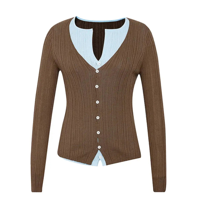 阿玛施商场同款26早春琥珀系撞色假两件坑纹修身显瘦长袖针织衫女