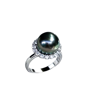 大溪地海水孔雀绿黑珍珠戒指S925银活口指女款小众设计太阳花指环