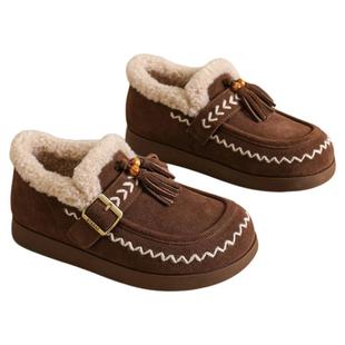 星期六真皮乐福鞋女冬季新款保暖松糕鞋子女士棕色复古厚底勃肯鞋