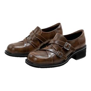 对面英伦风小皮鞋复古棕色孟克鞋粗跟黑色厚底增高乐福鞋女duiman